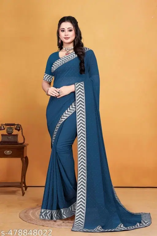 Georgette Solid Saree For Women, Blue