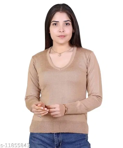 Acrylic Solid Sweater for Women (Beige, L)