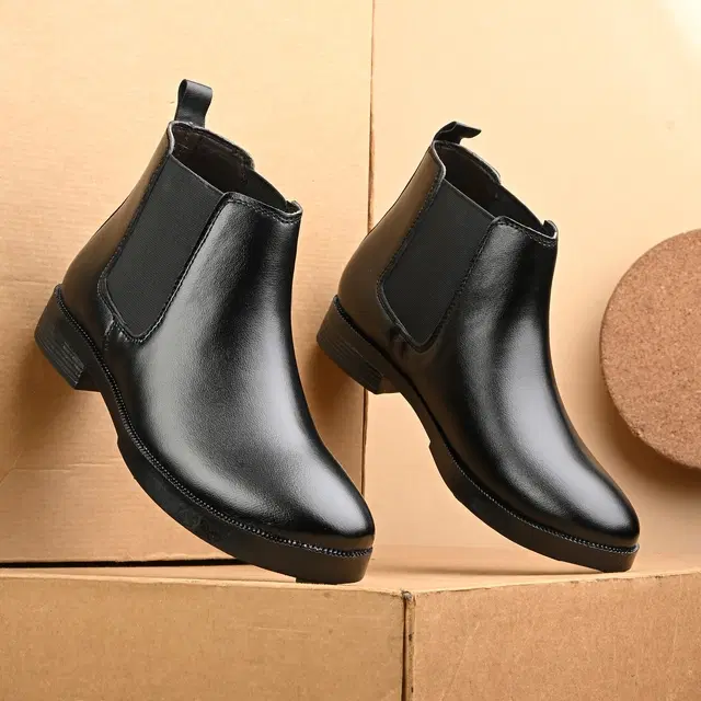 Synthetic Leather Flat boots for Men (Black, 6)