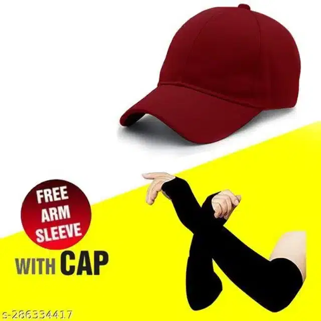 Cotton Arm Sleeves & Cap for Men & Women, Set of 2 (Black & Maroon)