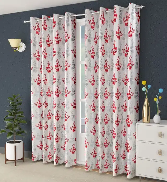 Printed Curtains, Pack of 2, Red, 5 Feet