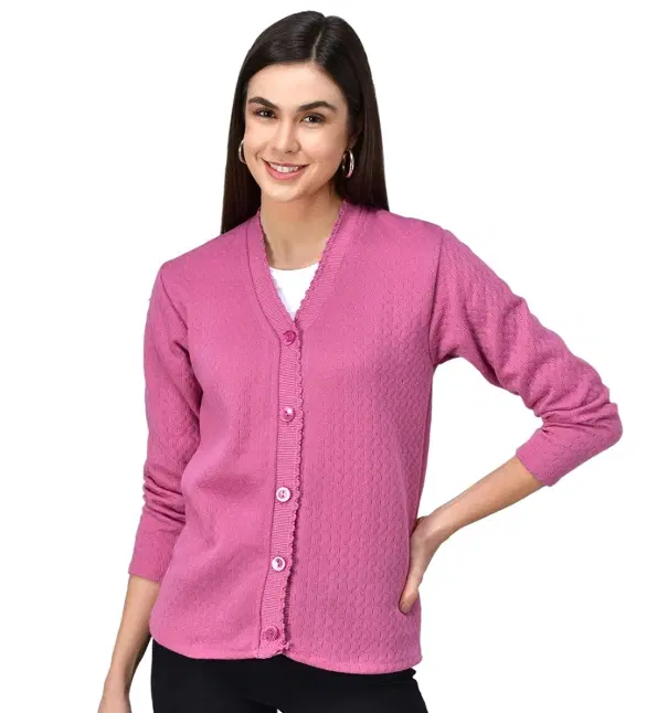 Woolen V-Neck Cardigan Full Sleeve Button-Up Winter Sweater, Pink (Free Size)