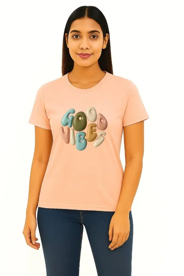 Cotton Blend Printed T-shirt for Women, Peach (L)