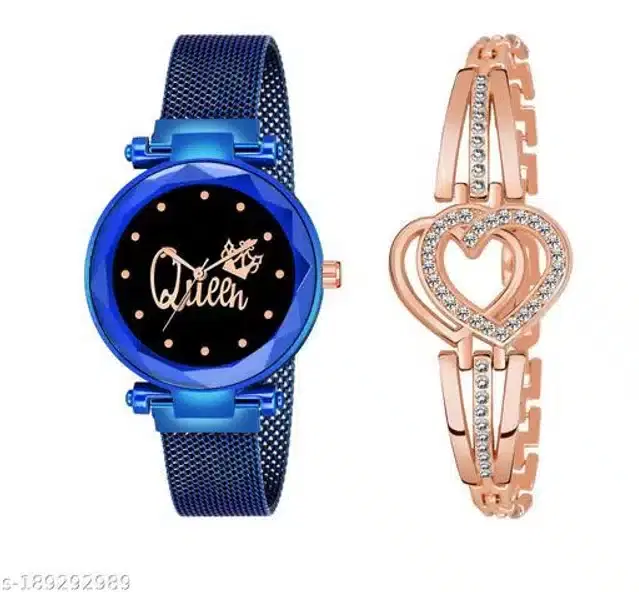 Analog Watch with Bracelet for Women, Set of 2 (Rose Gold & Blue)