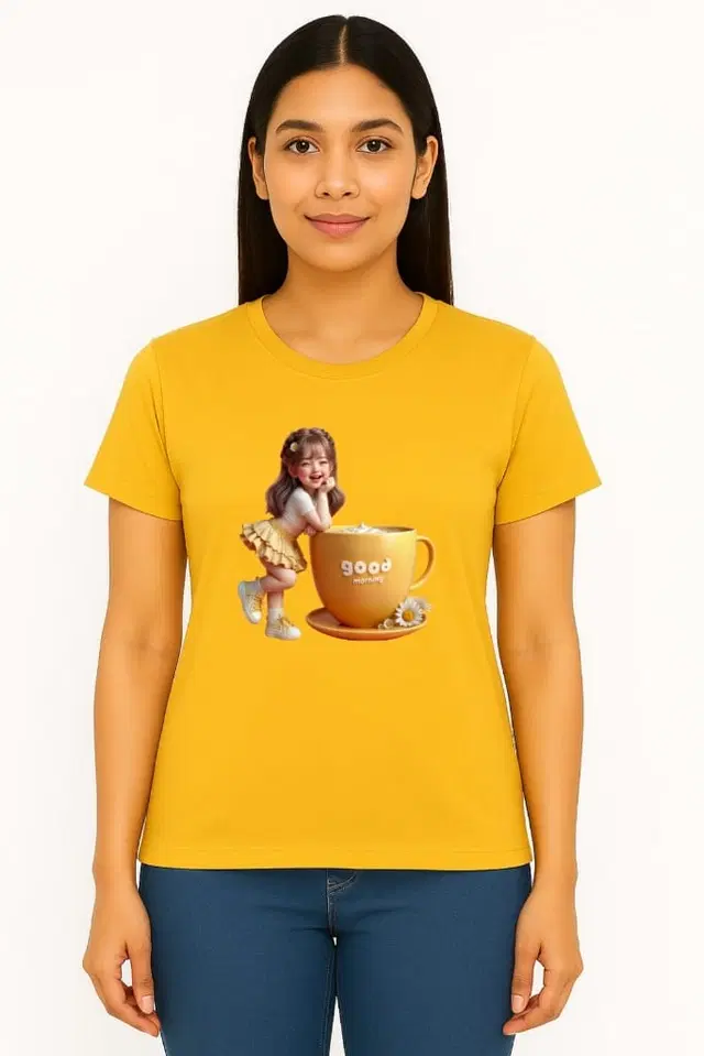 Cotton Blend Printed T-shirt for Women, Mustard (S)