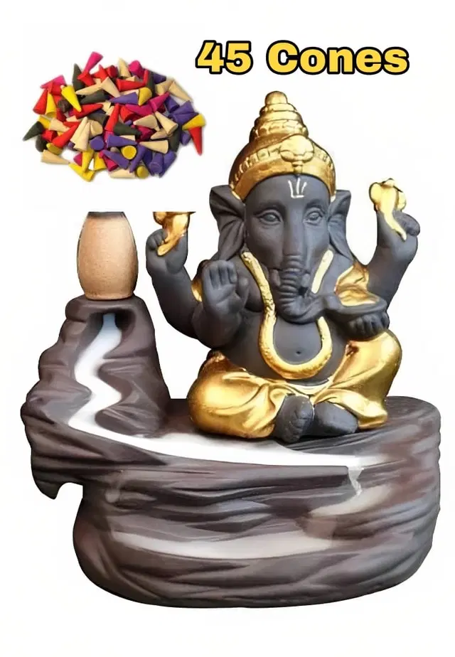 Poly Resin Ganeshji Idol Smoke Fountain with 45 Pcs Backflow Incense Cones, Brown & Gold, Set of 2