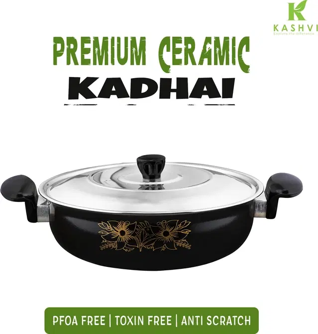 Cast Iron Kadai with Lid, Black & Silver, 28 cm