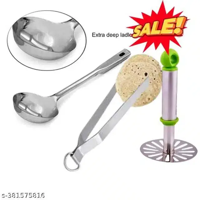 Stainless Steel Ladle with Cooking Tong & Potato Masher, Silver, Set of 3
