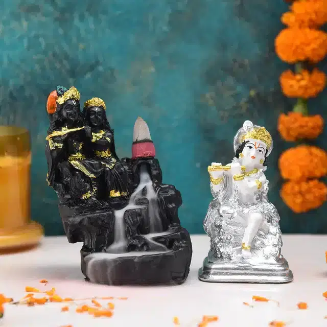 Radha Krishna Fountain Diffuser with Krishna Idol, Multicolor, 4 inches, Set of 2