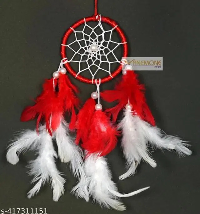 Feather Wall Hanging Dream Catcher, Red & White