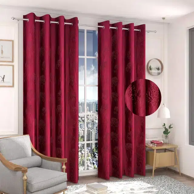 Polyester Printed Door & Window Curtains, Maroon, 5 feet