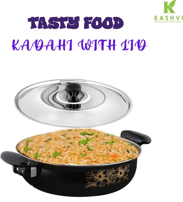 Cast Iron Kadai with Lid, Black & Silver, 28 cm