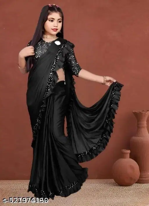 Lycra Saree for Girls, Black (4-5 Years)