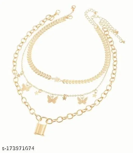 Trendy Urbanic Triple Layered Minimal Butterfly And Lock Necklace for Girls And Women