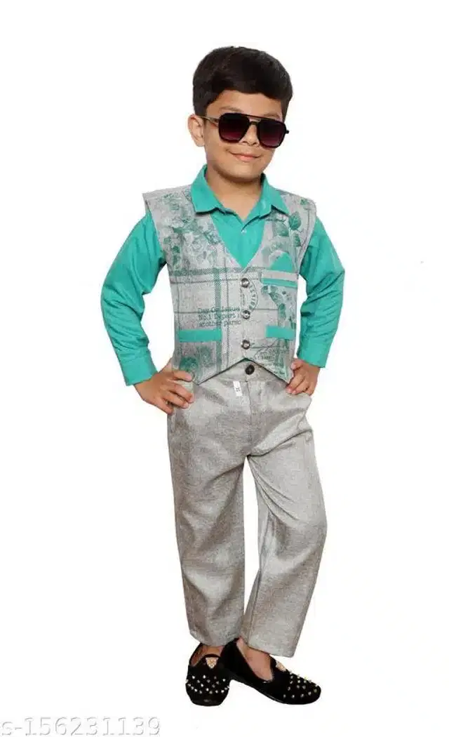 3 Pcs Suit for Boys (Sky Blue & Silver, 2-3 Years)