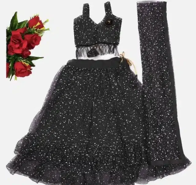 Net Self-Design Lehenga with Choli & Dupatta for Girls (Black, 2-3 Years)