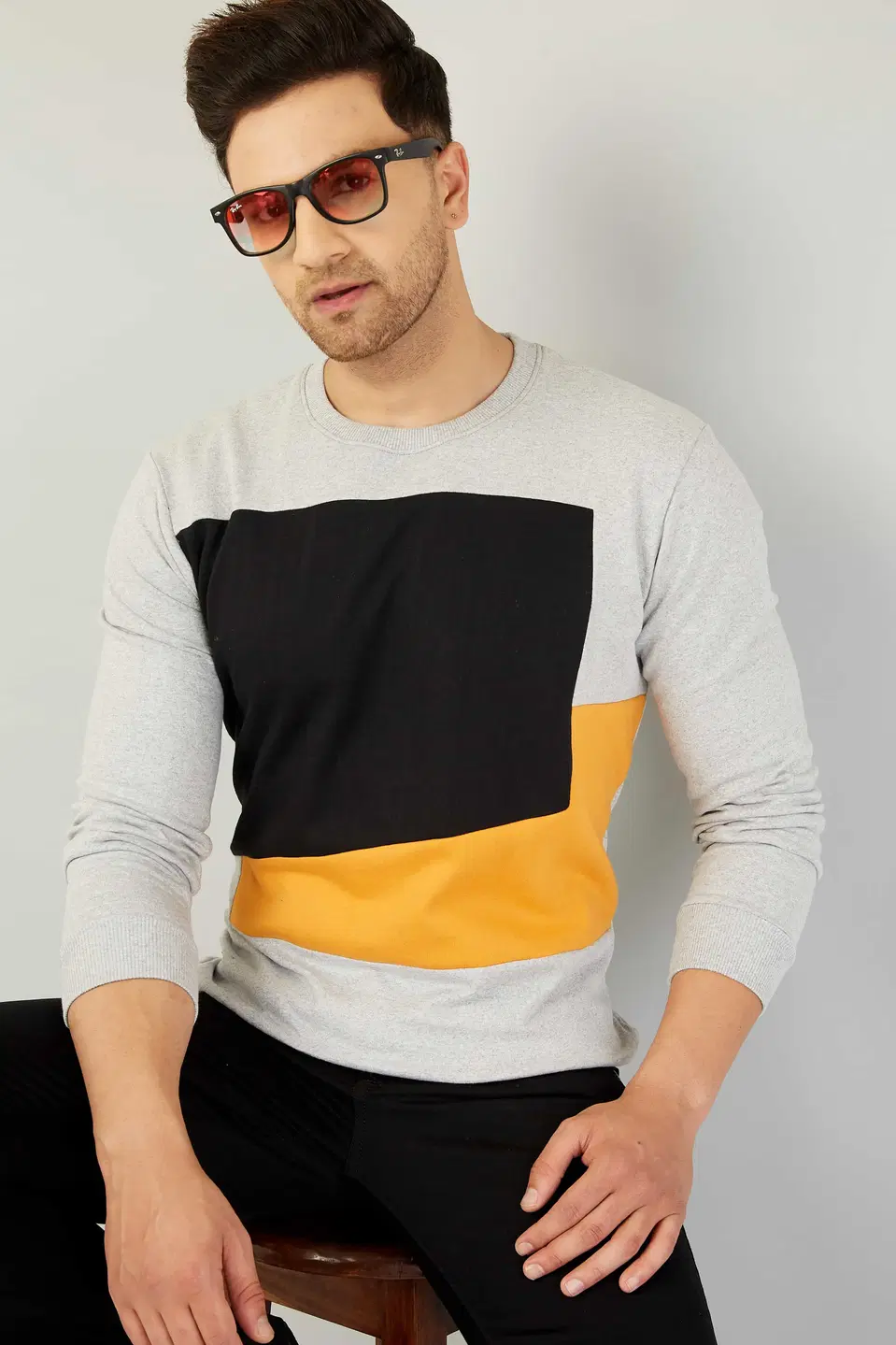 GESPO Mens Full Sleeve Colour Block Sweatshirt (Grey, M) (S94)