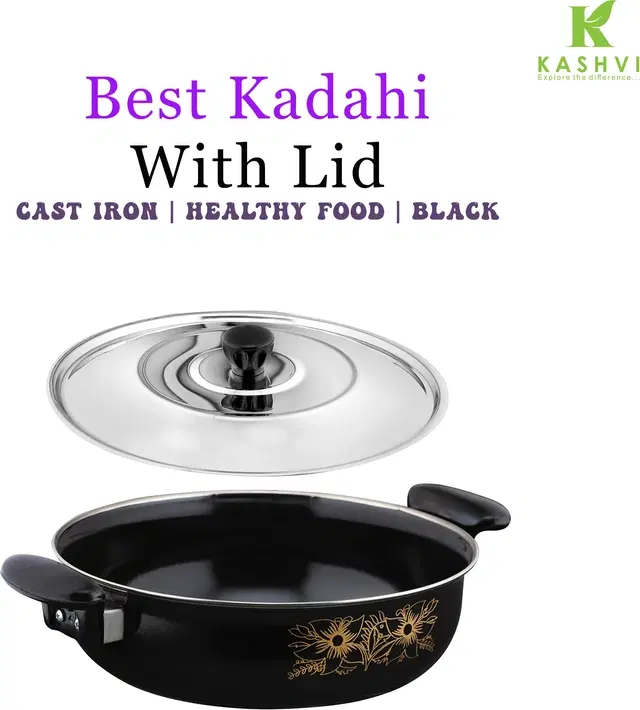 Cast Iron Kadai with Lid, Black & Silver, 28 cm