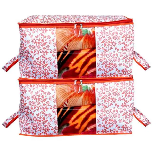 Designer Leaf Print Non Woven Underbed Storage Bag,Cloth Organiser,Blanket Cover With Transparent Window, Multicolor, 64x46x30 cm, Pack Of 2, S-51