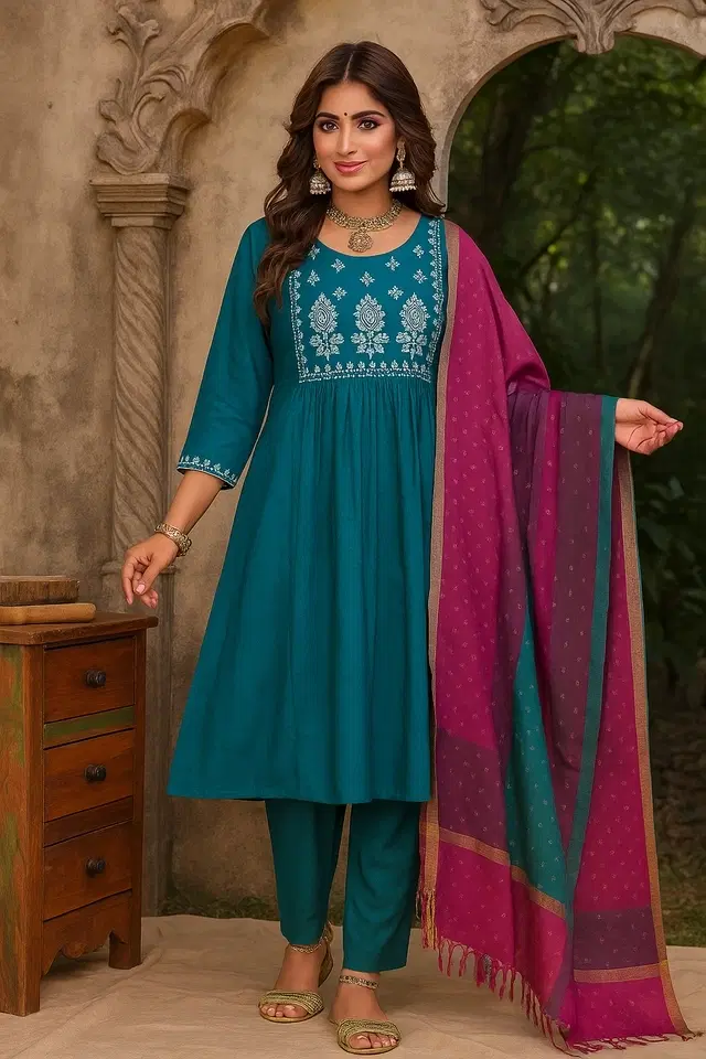 Rayon Embroidered Anarkali Women's Kurta with Pant & Dupatta Set, Teal (L)