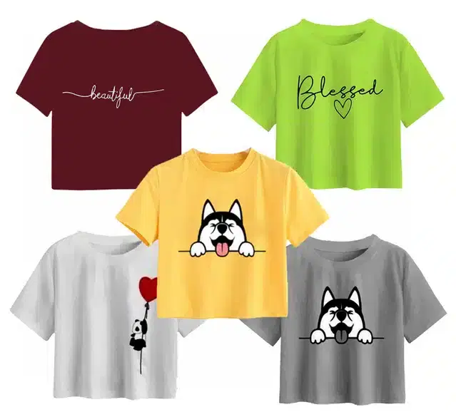 Cotton Printed Crop Tops for Girls, Pack of 5 (Multicolor, 11-12 Years)