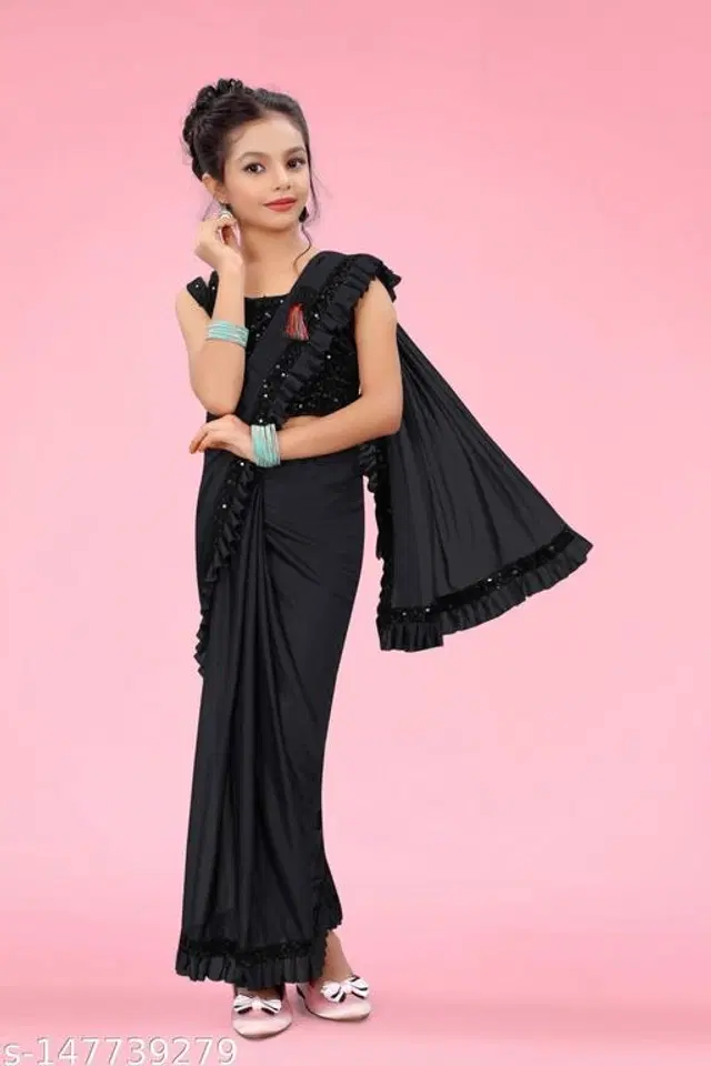 Solid Fancy Saree for Girls with Blouse (Black, 3-4 Years)
