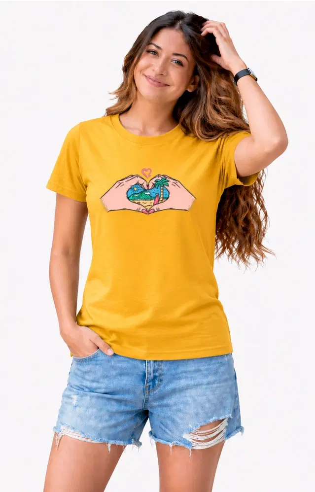 Casual Cotton Blend Tshirts for Women (Mustard, S)