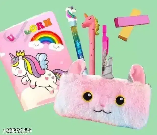 Unicorn Theme Diary with Pencil Case, 3 Pcs Pens & 2 Set Sticky Notes, Multicolor, Set of 4