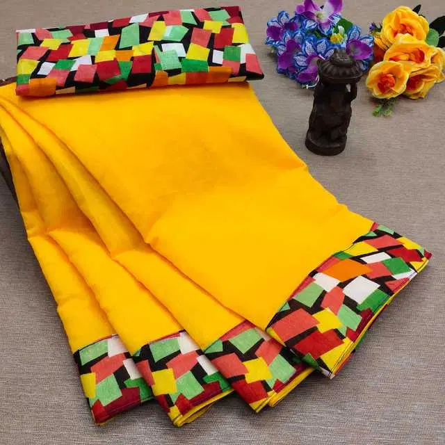 Drizomiz Cotton Saree (Yellow) (D37)