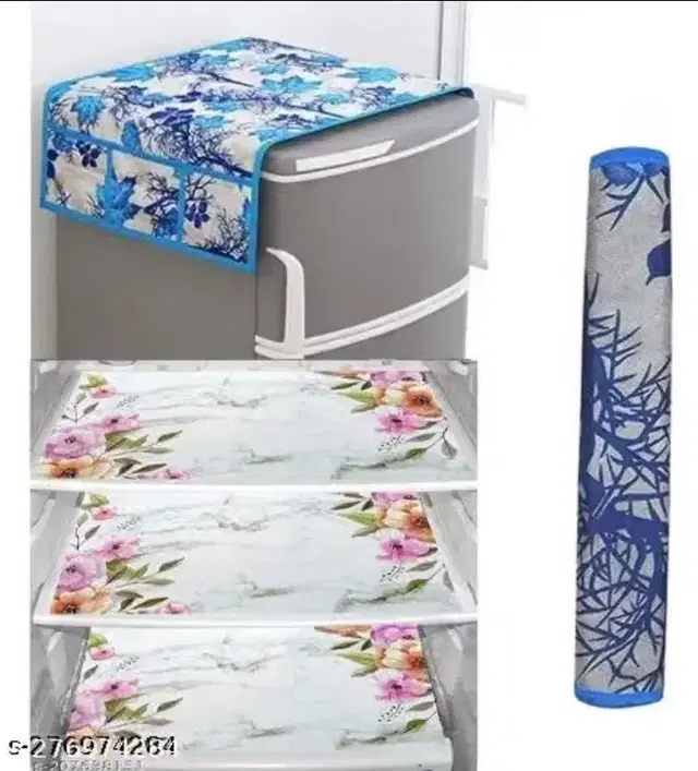 Knitted Fridge Cover, With 3xFridge Mat And 1 xHandle Cover Pack Of 5 Blue Leaf
