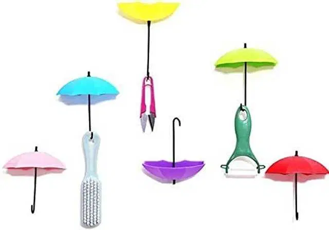 Plastic Umbrella Key Hat Wall Multipurpose Holder Hanger Hooks, Pack Of 6, Multicolor, R-352