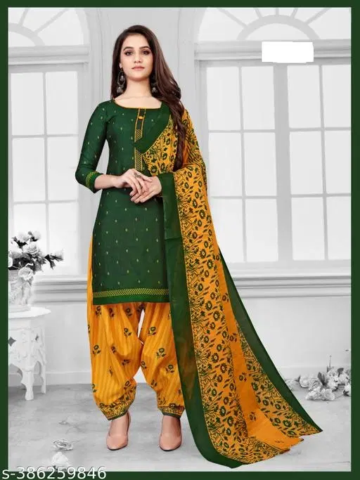 Cotton Printed Salwar Suit & Dupatta Sets for Women (Green, XL)