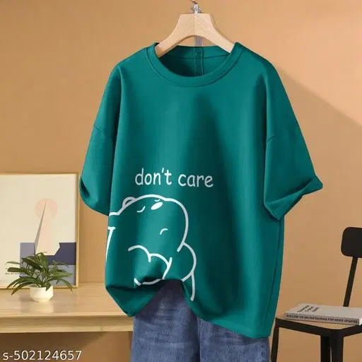 Cotton Blend Printed T-Shirt for Women, Green (XXS)