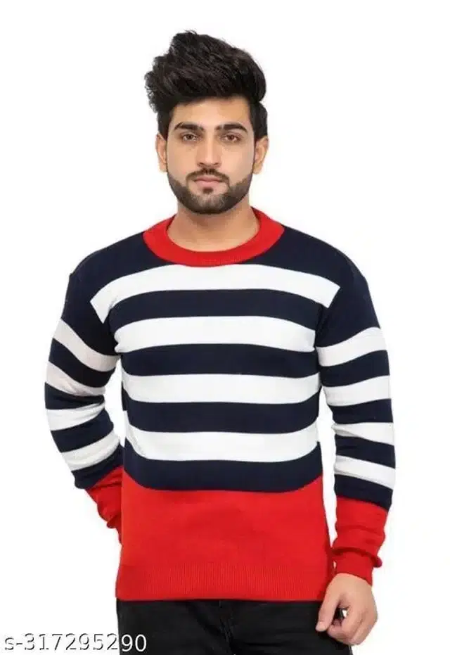 Acrylic Sweater for Men (Navy Blue & Red, M)