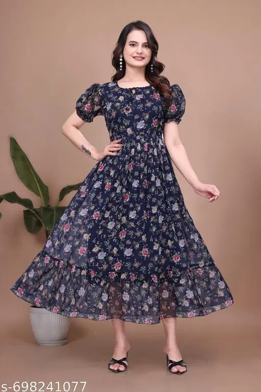 Calf-Length Floral Printed One Piece Dress (Black, S)