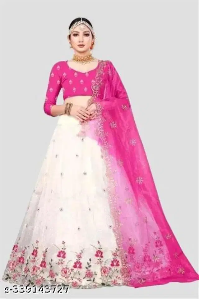 Net Lehenga with Choli & Dupatta for Women (White & Pink, Free Size)