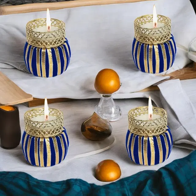 Metal Designer Tealight Candle Holder, Blue, 4.5x4.5x5 cm, Pack of 4