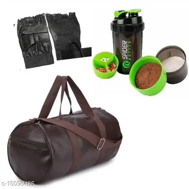 Combo of Gym Bag with Shaker Bottle, 400 ml, Gloves, Multicolor, Set of 3