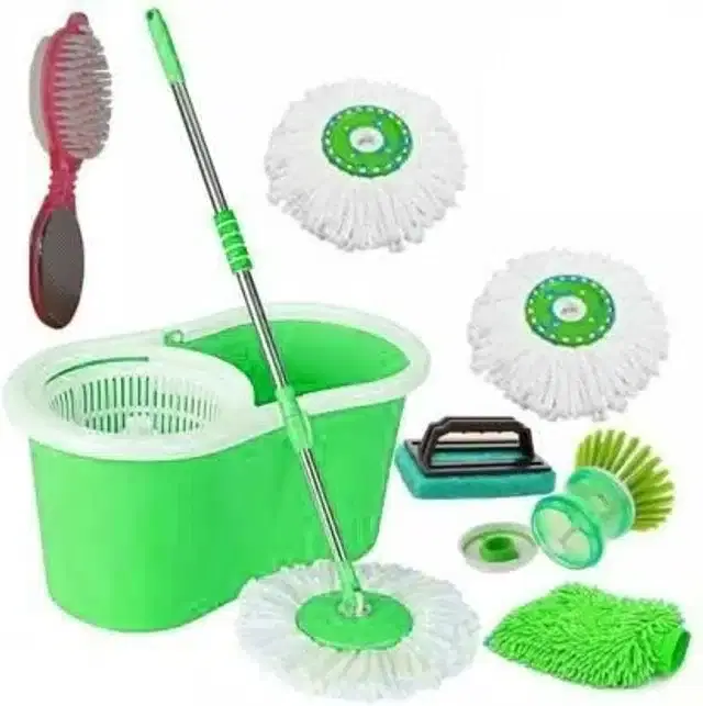 Plastic Bucket Spin Mop with 3 Refills Set & Cleaning Accessories Combo, Green, Set of 5