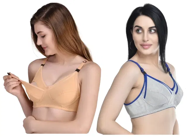 Cotton Blend Solid Non Padded Feeding Bras for Women, Pack of 2 (Multicolor, 38)