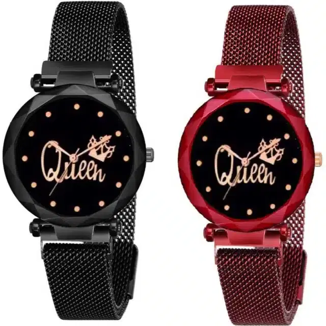 Women's Analog Watches, Pack of 2 (Black & Red)