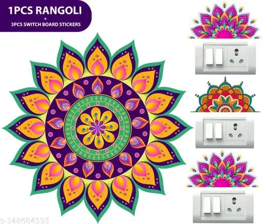 Combo of Rangoli Sticker, 31x31 cm & 3 Pcs Switch Board Stickers, Multicolor, Set of 2