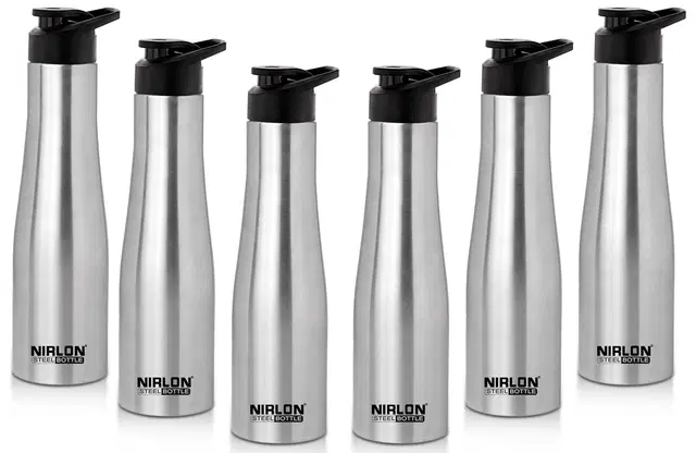 Nirlon Tall Bell Single Wall Stainless Steel Water Bottle 1000Ml, Water Bottles For Fridge, School,Gym,Home,Office,Boys, Girls, Kids, Leak Proof(Silver Colour|Sipper Cap|Set Of 6)