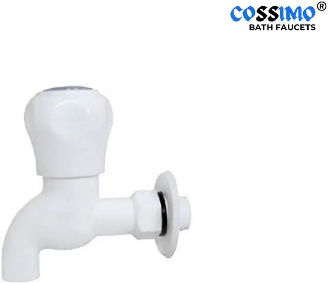 Plastic Short Body Bib Cock Tap with Wall Flange, White, Set of 1