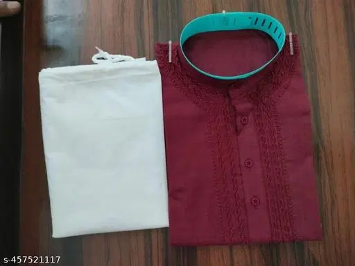 Cotton Solid Kurta Set for Men, White & Maroon (M)