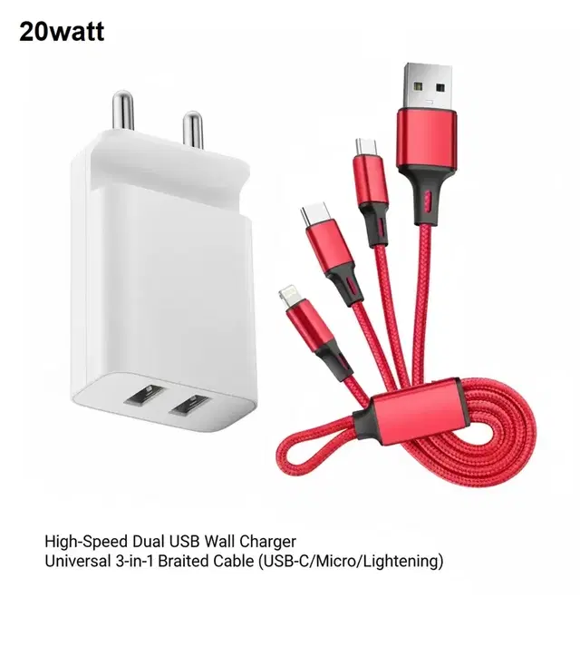 A S Dual Fast Charger 3.1A with Micro, Type-C & iPhone Cable (Pack of 1)