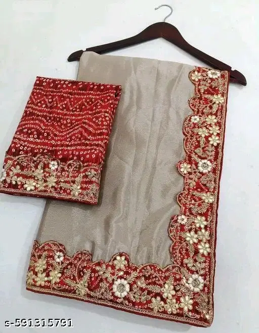 Chiffon Embroidered Saree for Women, Grey (6.3 m)