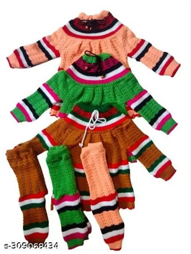 Woolen Sweater & Pant for Girls, Set of 3 (Multicolor, 6-9 Months)