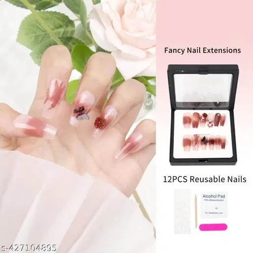 Kamz's Fake Nails Nail Extension Kit - Quick Fix Press On Nails, Aesthetic Acrylic Stick on Nails, Reusable, 12pcs Nails Set for Girls & Kids