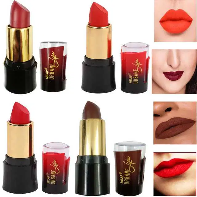 Combo of 1 Milap Urbane Lips Orange Lipstick & 1 Milap Urbane Lips Maroon Lipstick & 1 Milap Urbane Lips Brown Lipstick & 1 Milap Urbane Lips Red Lipstick, R439